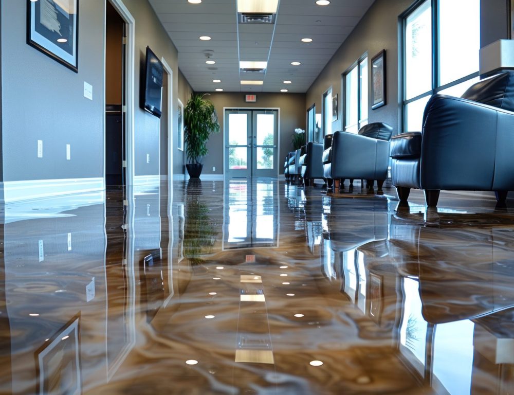 Glossy epoxy floor in a modern office building